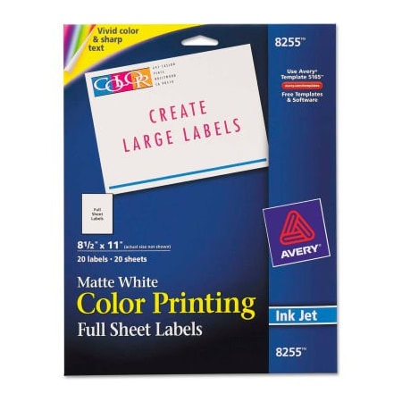 Avery Avery Inkjet Labels for Color Printing, 8-1/2 x 11, Matte White, 20/Pack 8255